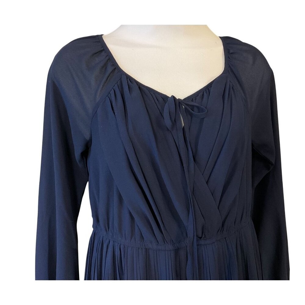 Double Zero Long Sleeve Tie Neck Lined Faux Wrap Pleated Colorblock Dress Small - Picture 3 of 8